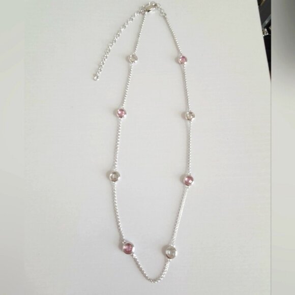 Dainty Sterling Silver Elegant Feminine Pink Round Crystal Chain Necklace - Picture 7 of 9